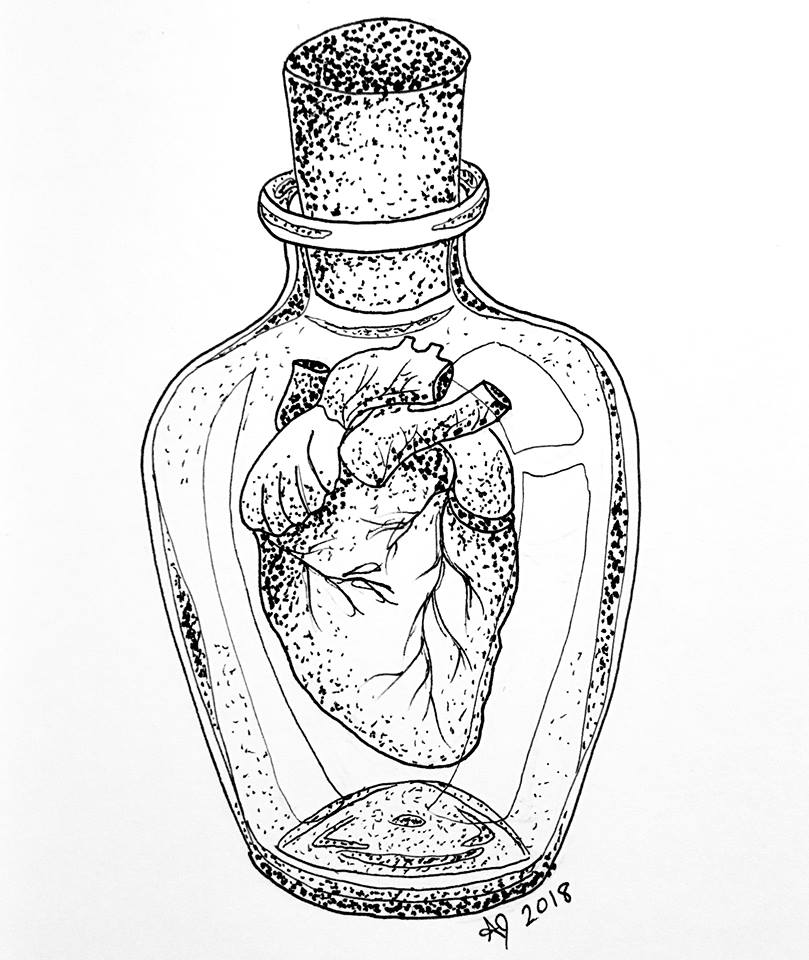 A pen drawing of an anatomical heart inside a corked glass bottle. 