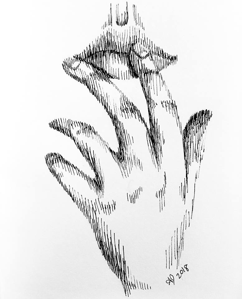 A pen drawing of a hand touching a mouth. 