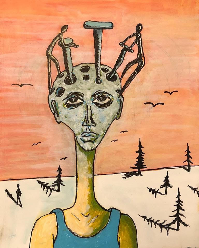 Image Description: A painting of a person with a long neck and nails in their head. The background is orange with silhouettes of evergreen trees.