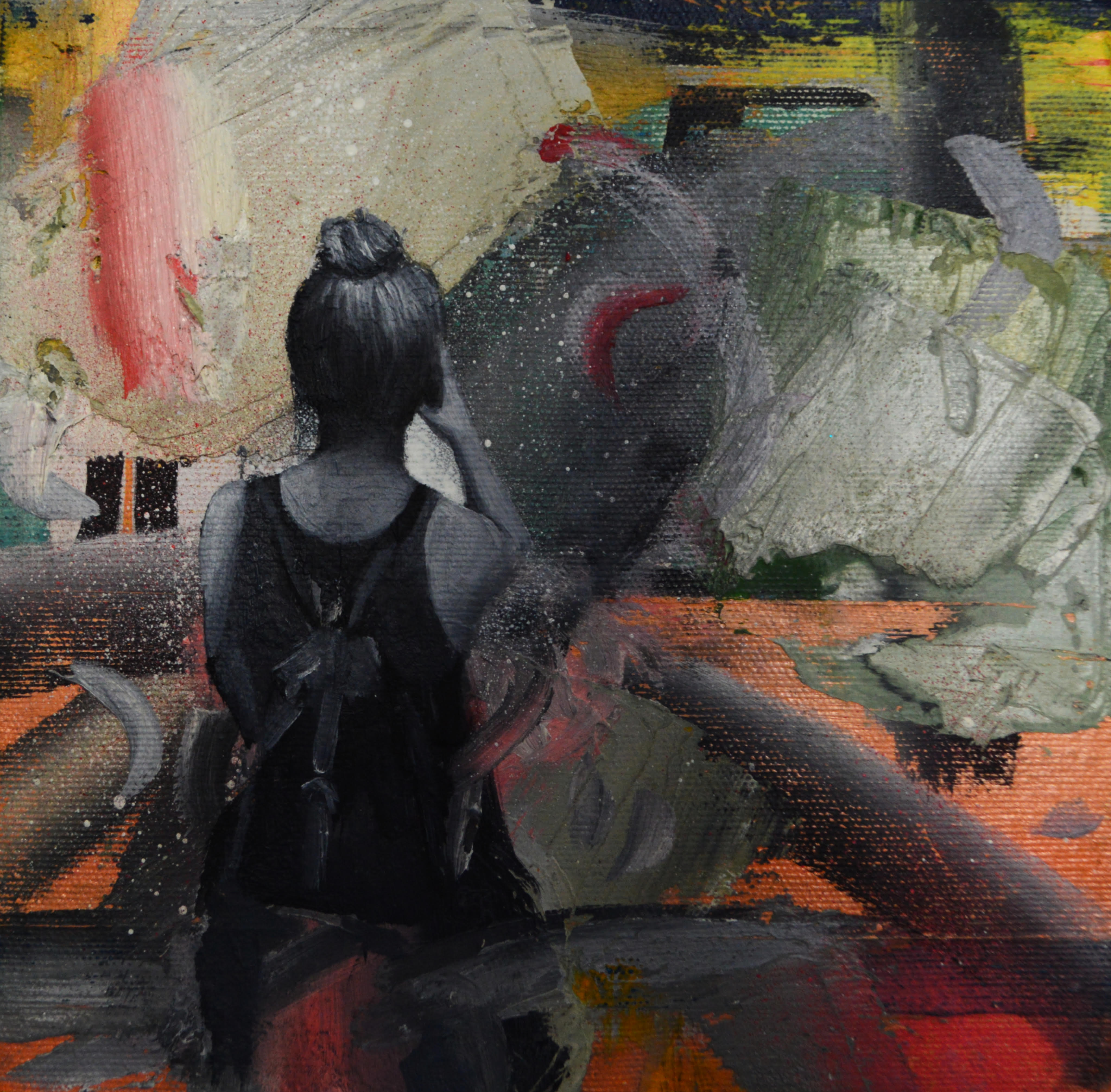 An abstract painting. The back of a person wearing a tank top and a bun in their hair is on the left. 