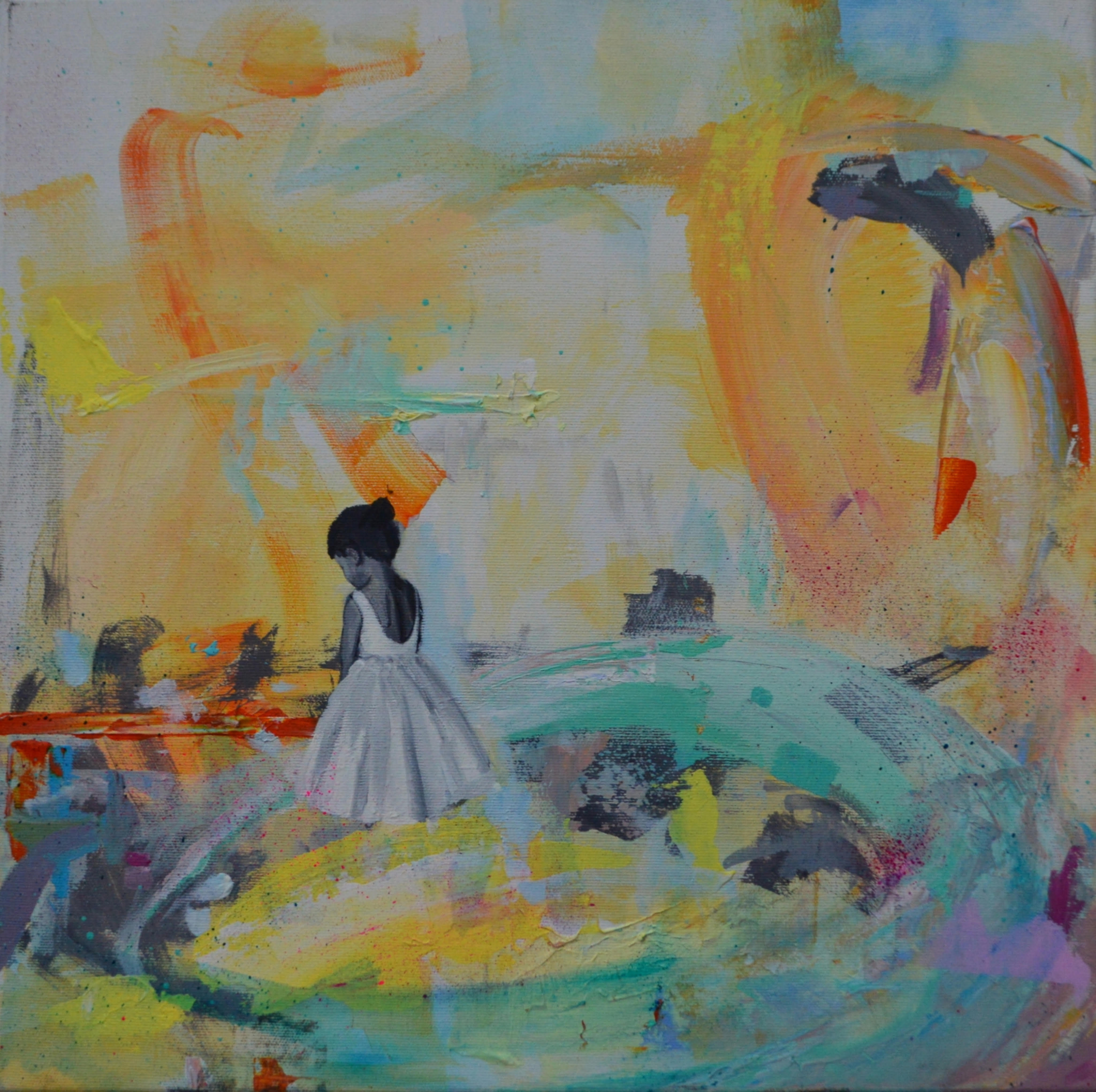 An abstract painting. A girl in a white dress looks away on the left of the painting. 