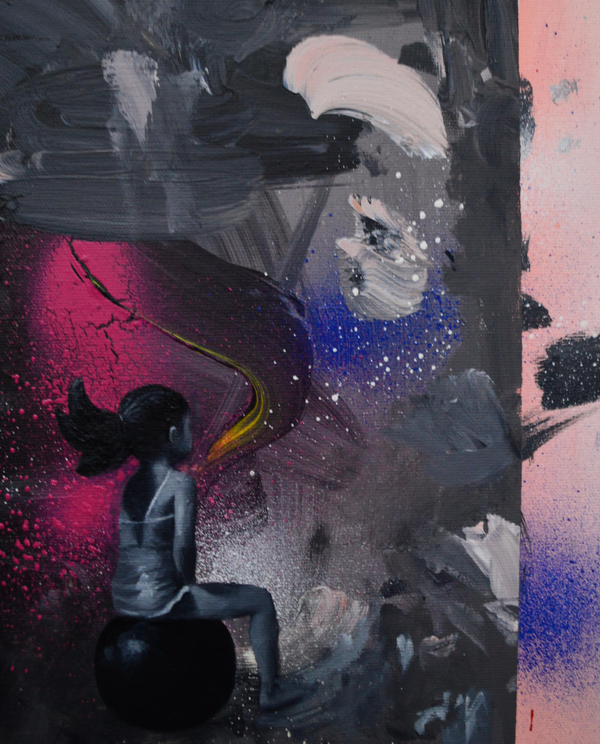 An abstract painting. A girl sits and looks away in the bottom, left corner. 