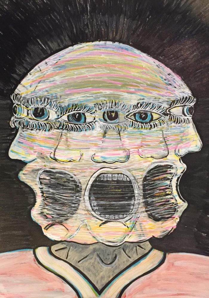 An abstract painting of a person shaking their head back and forth and screaming. 