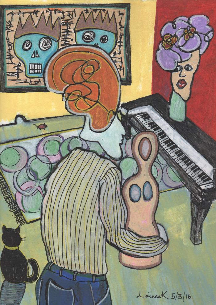 An abstract painting of a person holding a mannequin in front of a piano. A piece of art with skulls is on the wall. 