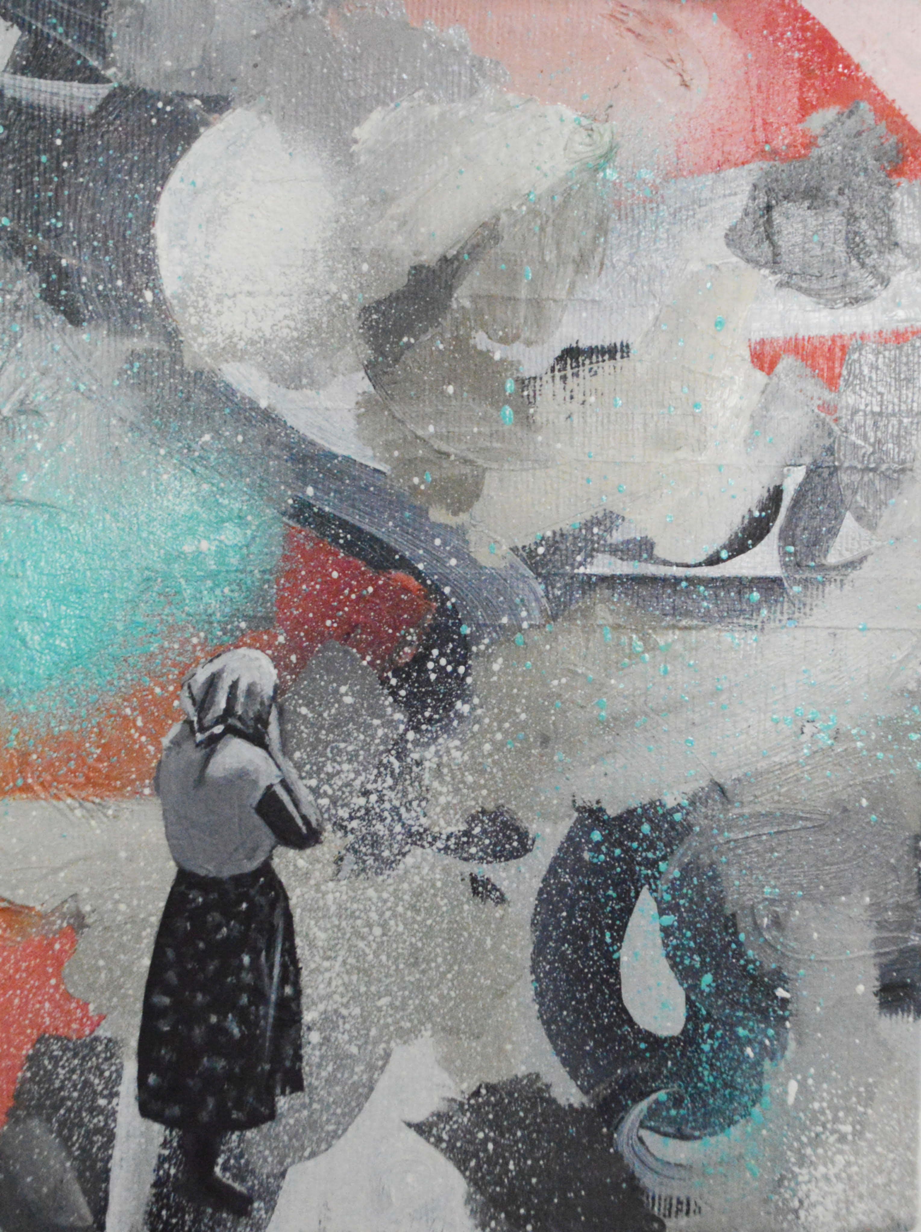 An abstract painting. A woman wearing a dress holds her face in her hands in the bottom, left corner. 