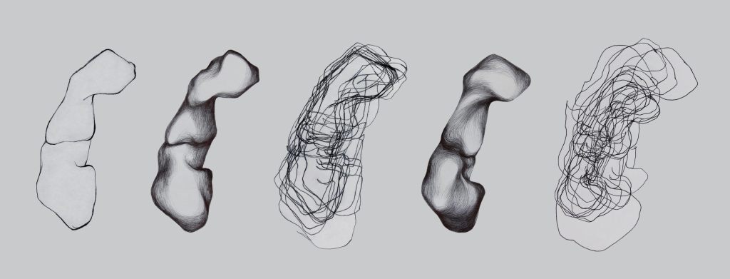 Sketch of an abstract bone-like form repeating and altering texture from outline to shaded gradient to scribbles back to shaded gradient and then another variation of scribbled lines.