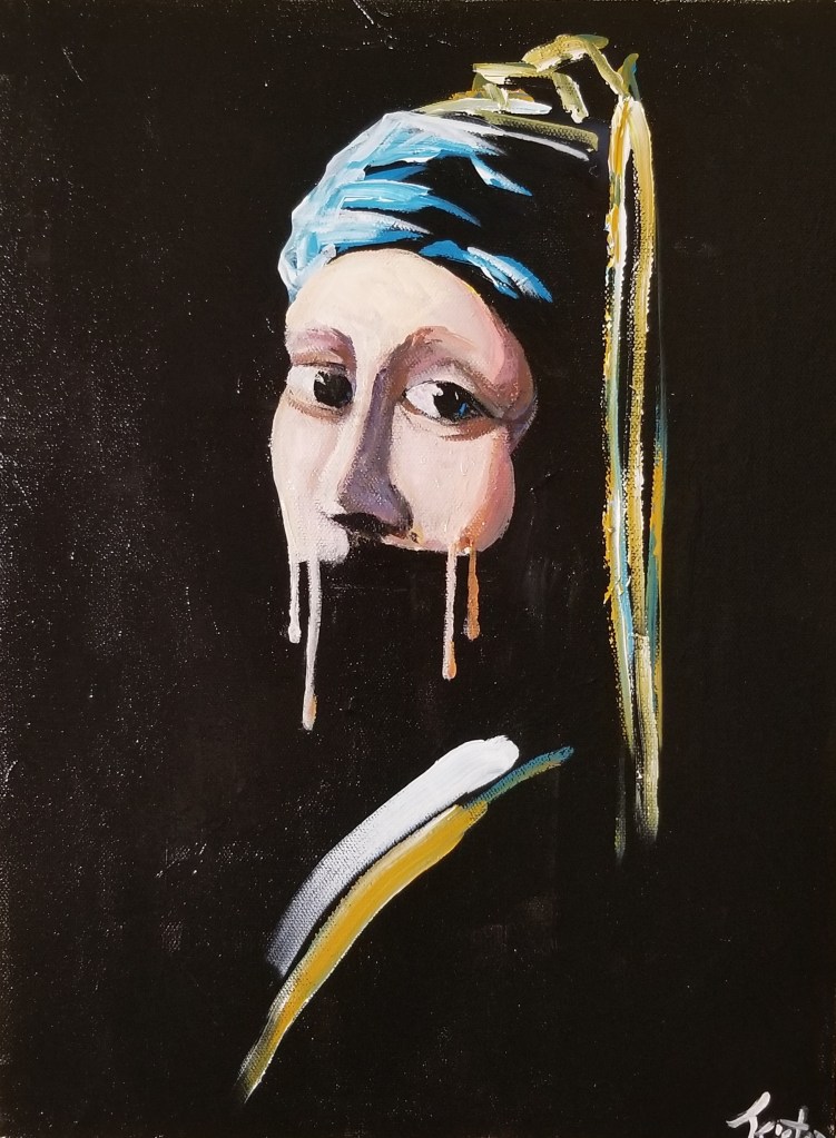 A white woman with a veil and large eyes. Under her nose, a black space until a streak of white and yellow of her clothes.