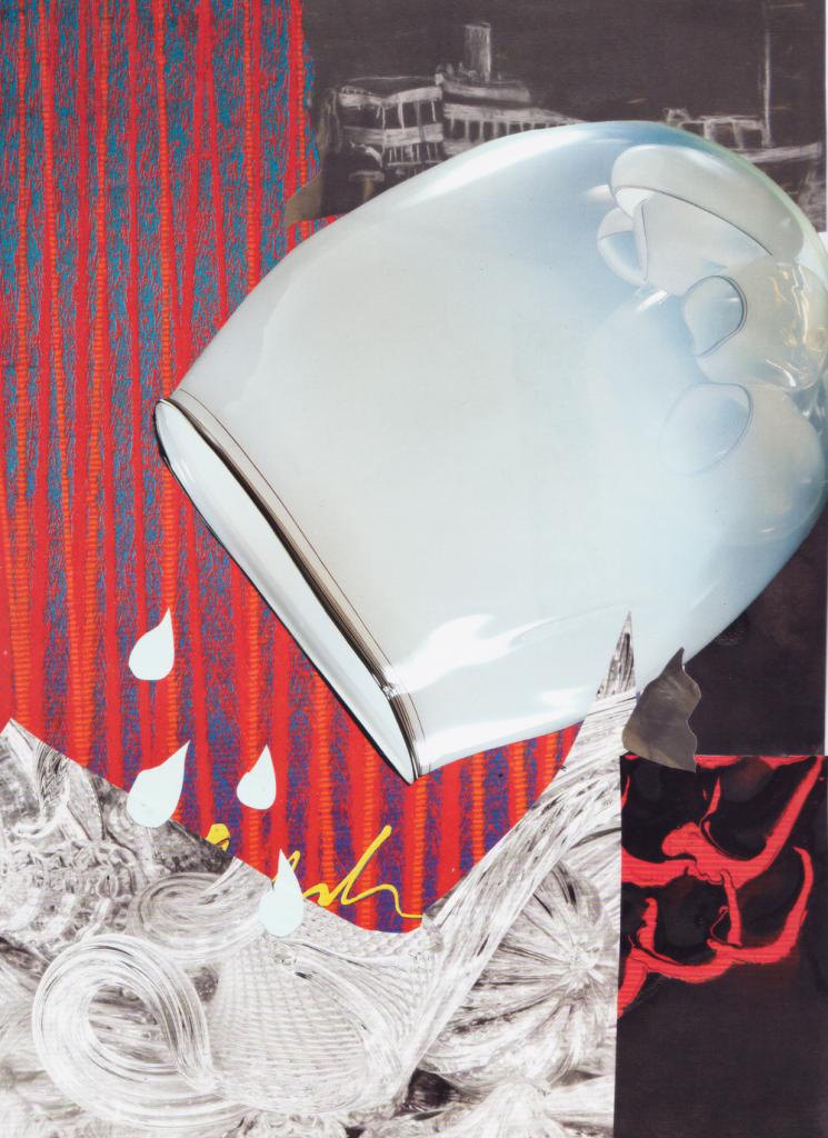 Collage of a cup of milk poured into the roiling sea.