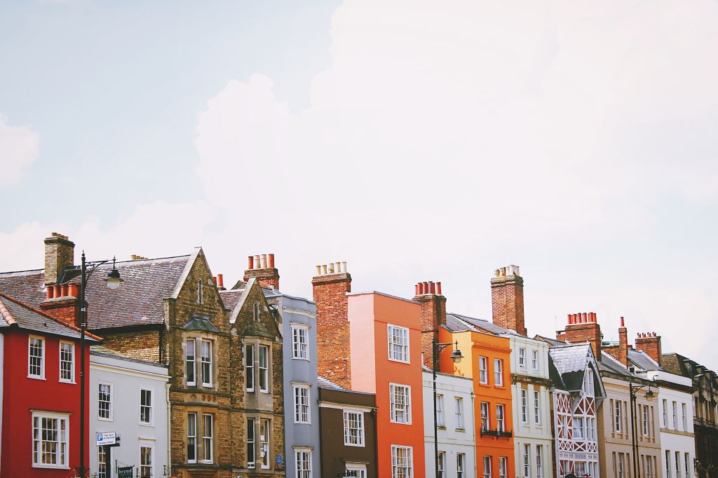 Line of houses on a street. 